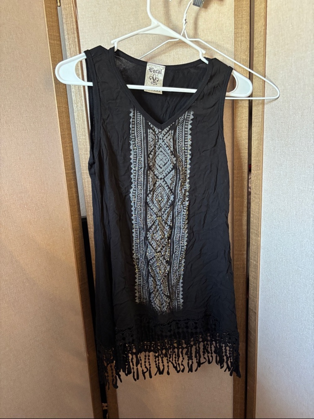 Vocal Black Tank Top with Embroidered Panel & Fringe Junior Large